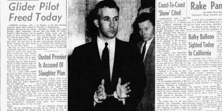 Newspaper photograph of a handcuffed Francis Yockey being led into court, June 1960