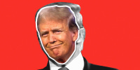 Black-and-white-image of Donald Trump overlaid with a full-color photo of his face smiling; against a red background