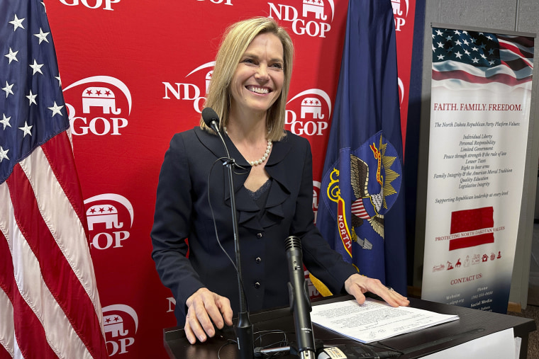 North Dakota Republican Public Service Commissioner Julie Fedorchak steps up to a lectern to announce her U.S. House candidacy at Republican Party headquarters in Bismarck, N.D., Feb. 15, 2024.