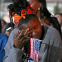 Supporters react to election results during an election night event for US Vice President and Democratic presidential candidate Kamala Harris at Howard University in Washington, DC, on November 5, 2024. 