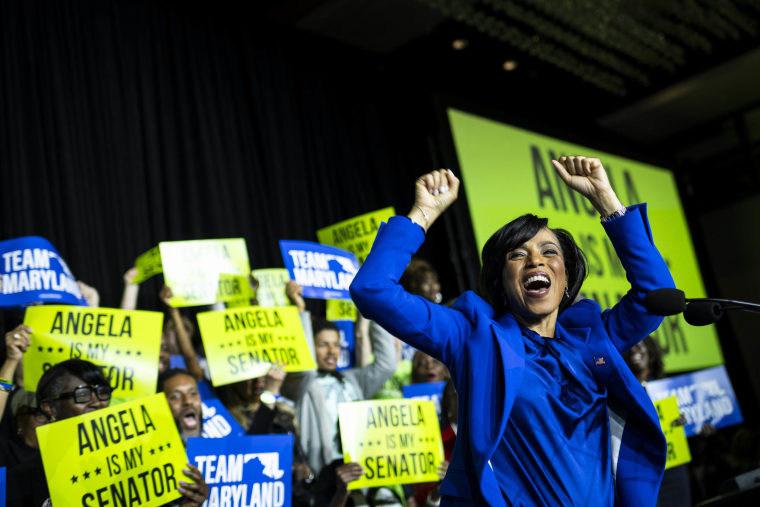 Senator-elect Angela Alsobrooks (D-MD) arrives on stage to speak after winning Election results were announced, during the Angela Alsobrooks' Election Night party hosted by the Maryland Democratic Party, on Election Day, Tuesday, November 5, 2024, in College Park, Maryland.